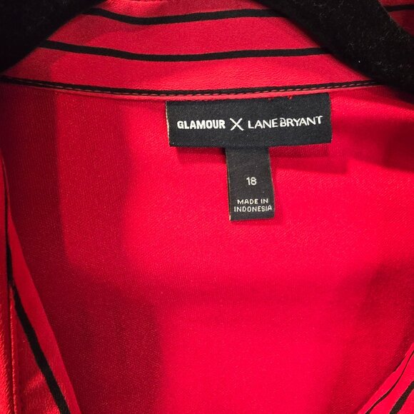 Glamour X Lane Bryant Button Up Dress 18 Red Black Pinstripe Elastic Waist - Picture 2 of 12